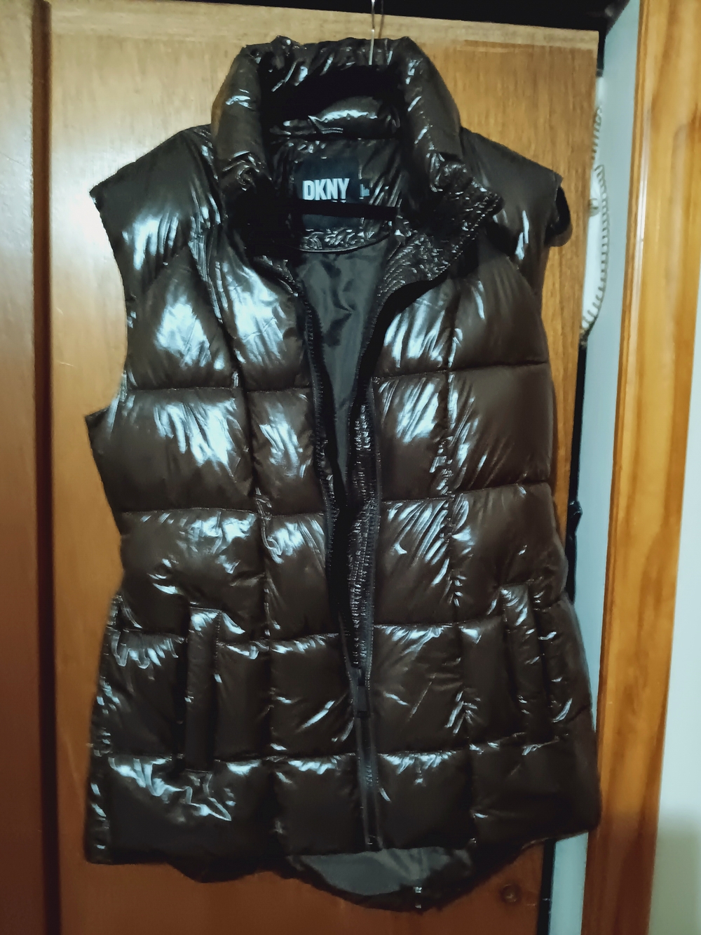 DKNY Shiny Dark Brown Quilted Puffer Vest